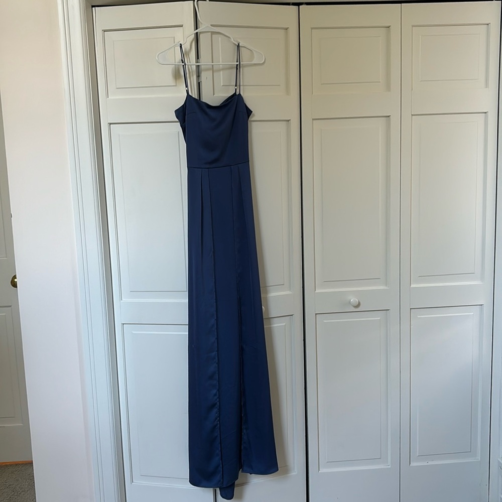 Lucy In The Sky Open Back, Double-Slit Maxi Dress in Blue